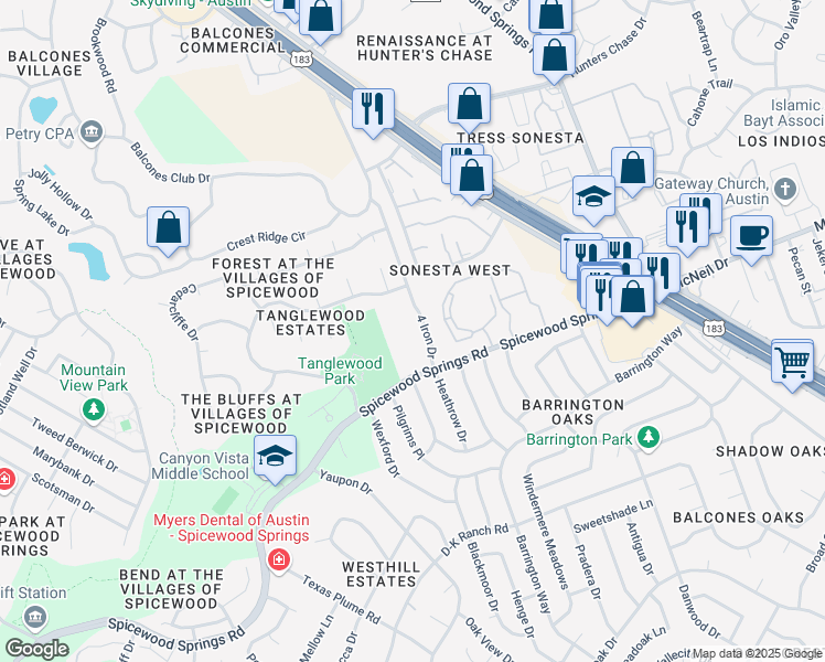 map of restaurants, bars, coffee shops, grocery stores, and more near 11630 4 Iron Drive in Austin