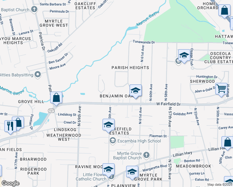 map of restaurants, bars, coffee shops, grocery stores, and more near 6382 West Fairfield Drive in Pensacola