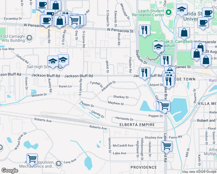 map of restaurants, bars, coffee shops, grocery stores, and more near 1701 Atkamire Drive in Tallahassee