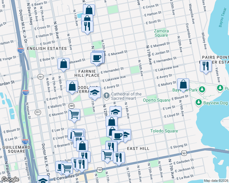 map of restaurants, bars, coffee shops, grocery stores, and more near 1315 East Avery Street in Pensacola