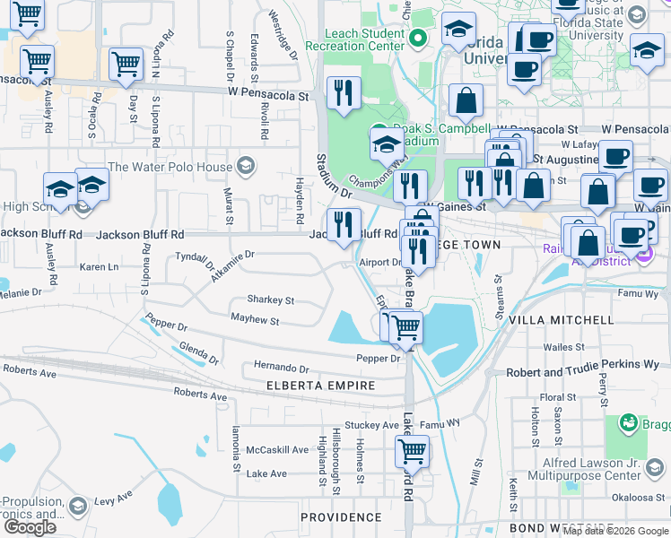 map of restaurants, bars, coffee shops, grocery stores, and more near 1327 Jackson Bluff Road in Tallahassee