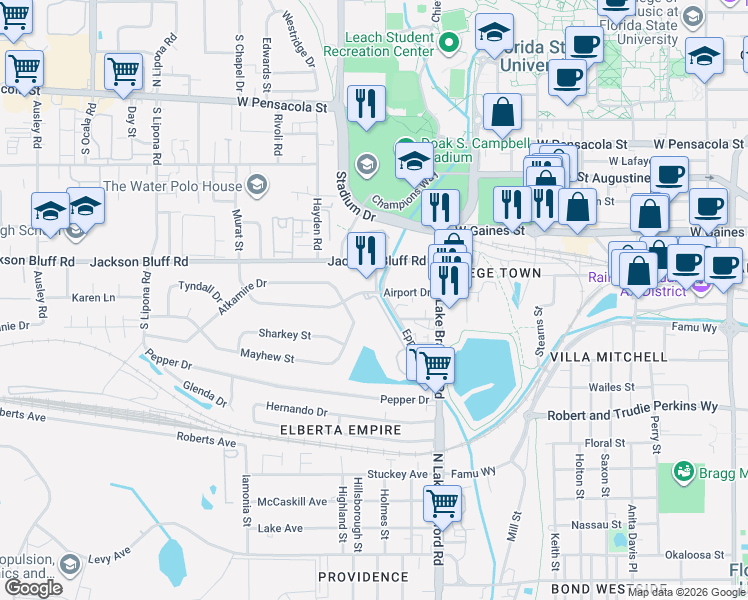 map of restaurants, bars, coffee shops, grocery stores, and more near 821 Eppes Drive in Tallahassee