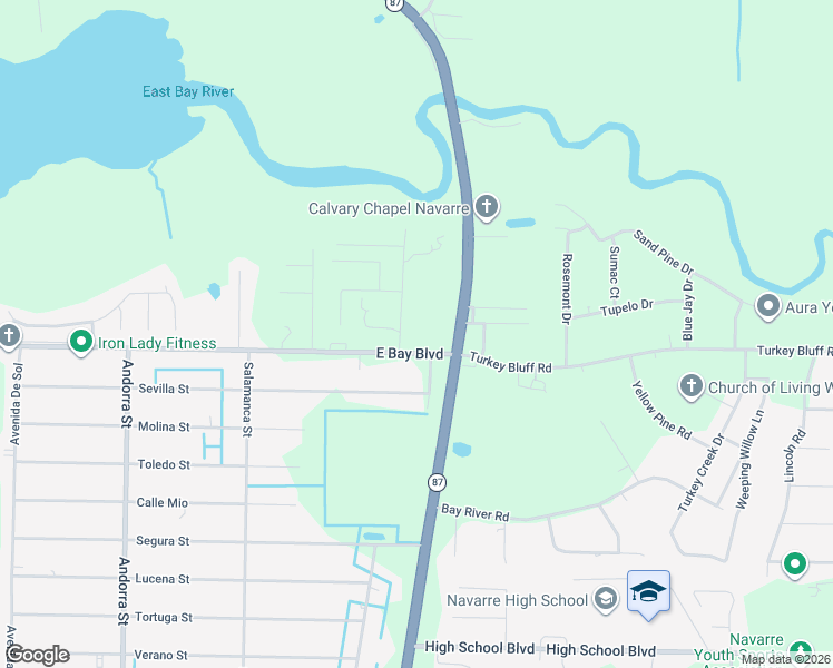 map of restaurants, bars, coffee shops, grocery stores, and more near 2714 Ola Broxson Road in Navarre