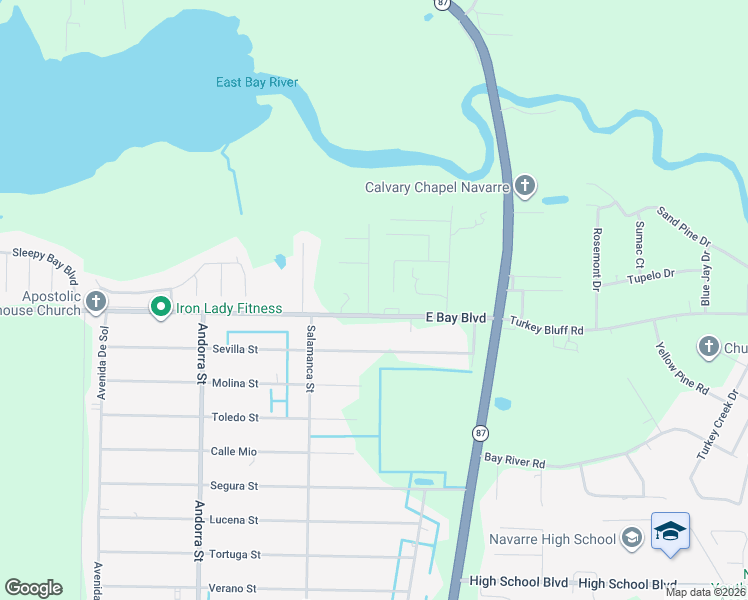 map of restaurants, bars, coffee shops, grocery stores, and more near 8327 New Orleans Court in Navarre