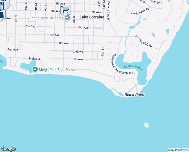 map of restaurants, bars, coffee shops, grocery stores, and more near 88 Meigs Drive in Shalimar