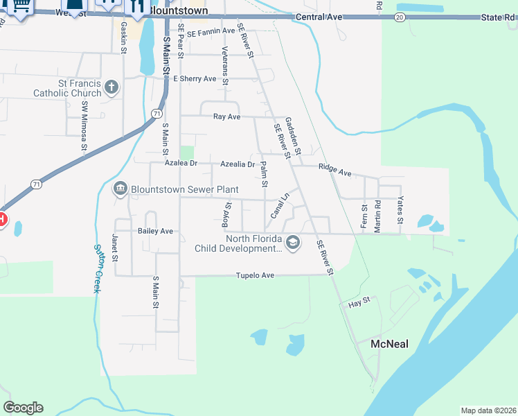 map of restaurants, bars, coffee shops, grocery stores, and more near 921 Palm Street in Blountstown