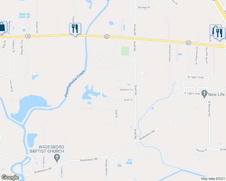 map of restaurants, bars, coffee shops, grocery stores, and more near 14622 Madison Lane in Ponchatoula