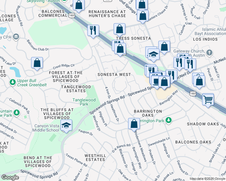 map of restaurants, bars, coffee shops, grocery stores, and more near 8585 Spicewood Springs Road in Austin
