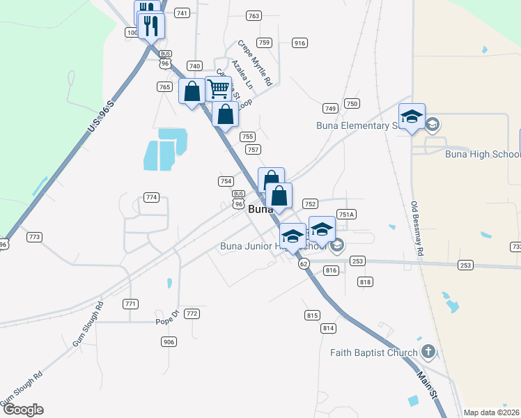 map of restaurants, bars, coffee shops, grocery stores, and more near in Buna