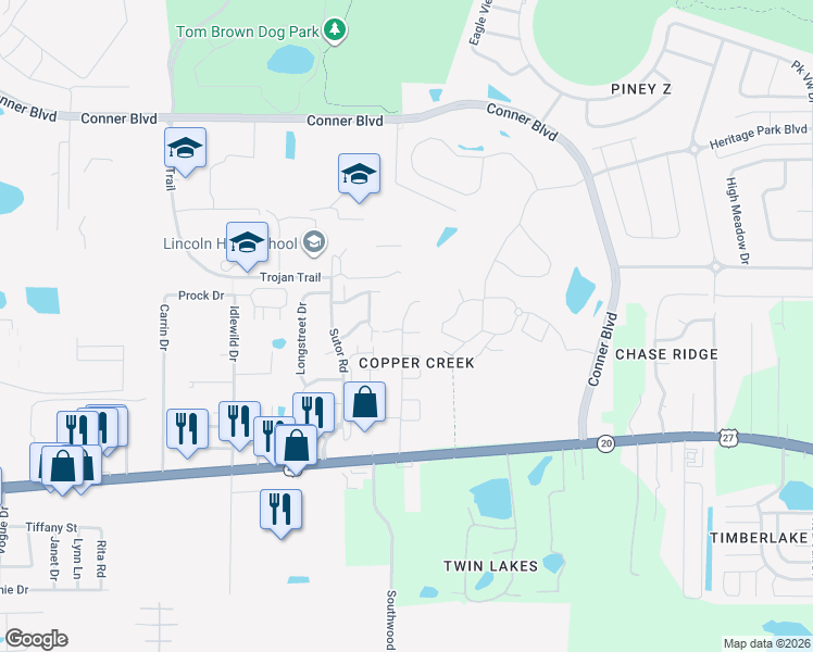 map of restaurants, bars, coffee shops, grocery stores, and more near 1077 Copper Creek Court in Tallahassee