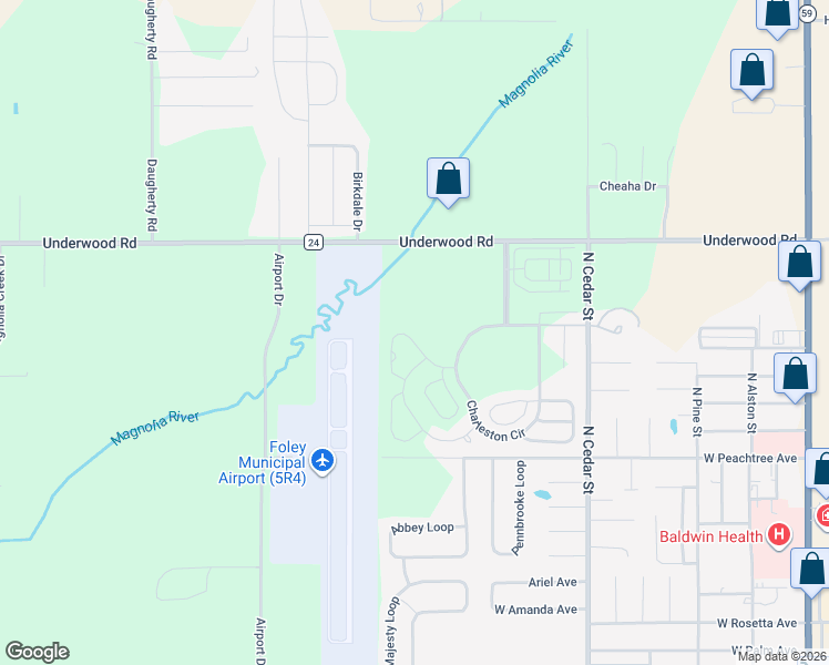 map of restaurants, bars, coffee shops, grocery stores, and more near Hudson Road in Foley