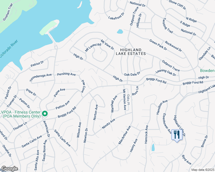 map of restaurants, bars, coffee shops, grocery stores, and more near 21108 Boggy Ford Road in Lago Vista