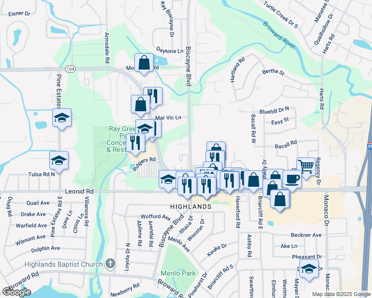 map of restaurants, bars, coffee shops, grocery stores, and more near 10902 Biscayne Boulevard in Jacksonville