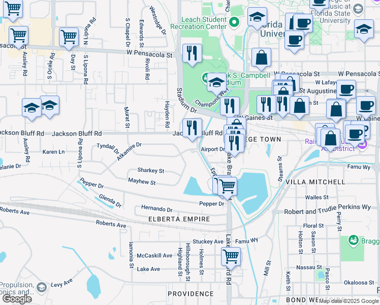map of restaurants, bars, coffee shops, grocery stores, and more near 1327 Jackson Bluff Road in Tallahassee