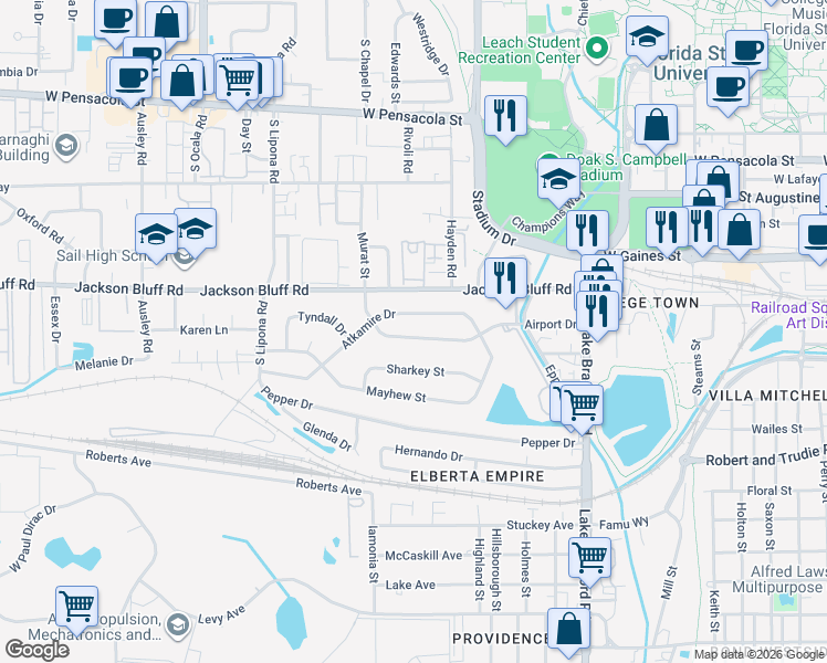 map of restaurants, bars, coffee shops, grocery stores, and more near 1629 Atkamire Drive in Tallahassee