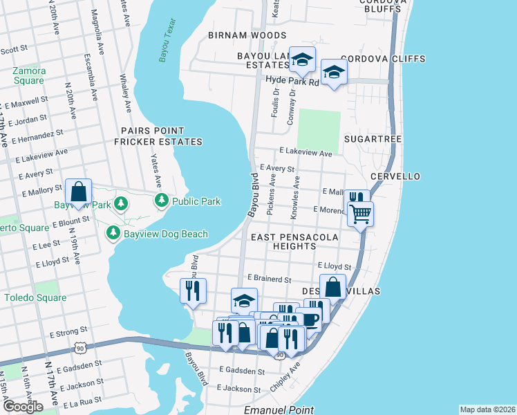 map of restaurants, bars, coffee shops, grocery stores, and more near 1200 Bayou Boulevard in Pensacola