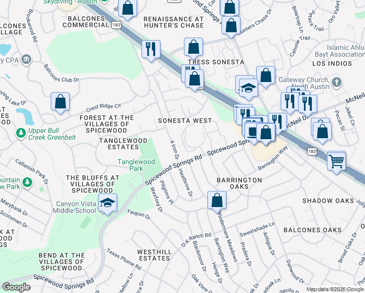 map of restaurants, bars, coffee shops, grocery stores, and more near 8585 Spicewood Springs Road in Austin