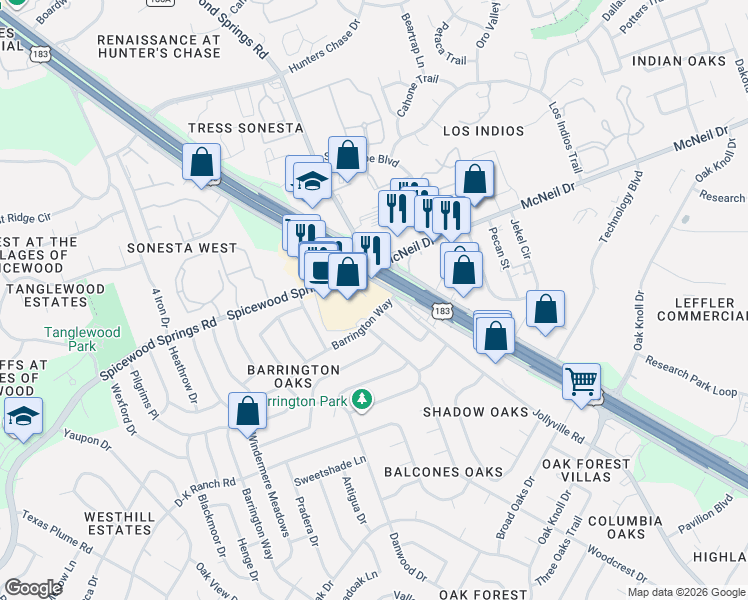 map of restaurants, bars, coffee shops, grocery stores, and more near 8666 Spicewood Springs Road in Austin