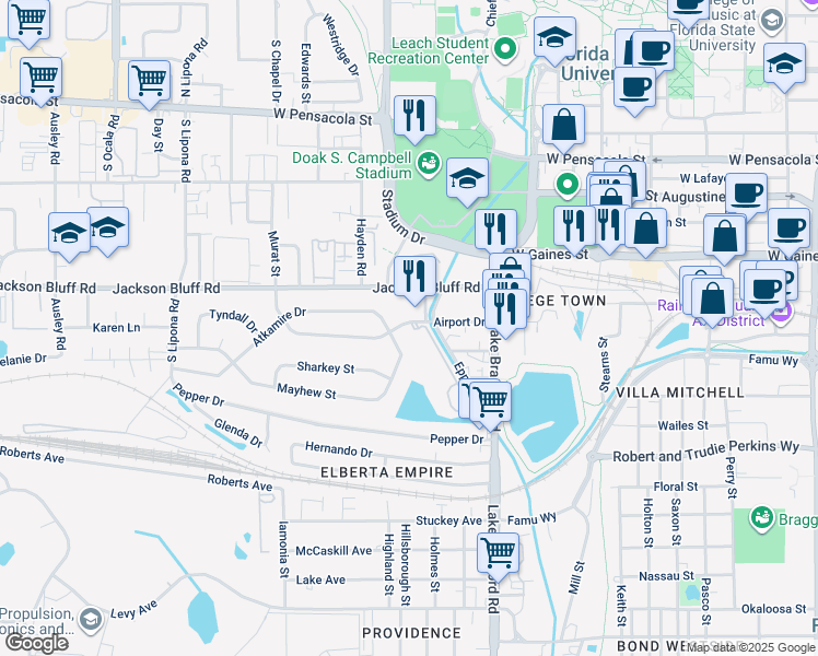 map of restaurants, bars, coffee shops, grocery stores, and more near 1327 Jackson Bluff Road in Tallahassee