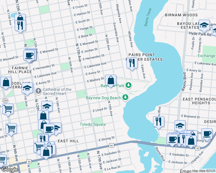 map of restaurants, bars, coffee shops, grocery stores, and more near 1590 North 19th Avenue in Pensacola