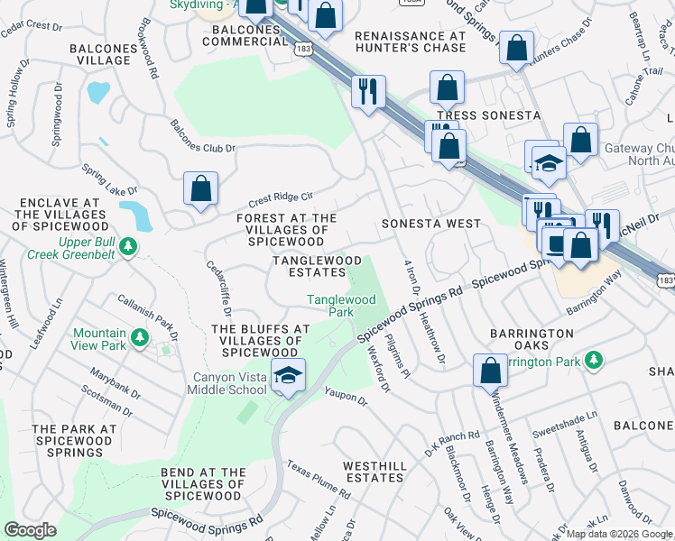 map of restaurants, bars, coffee shops, grocery stores, and more near 11529 Rustic Rock Drive in Austin