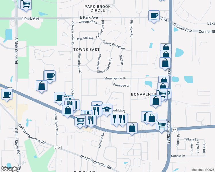 map of restaurants, bars, coffee shops, grocery stores, and more near 1344 Cross Creek Way in Tallahassee