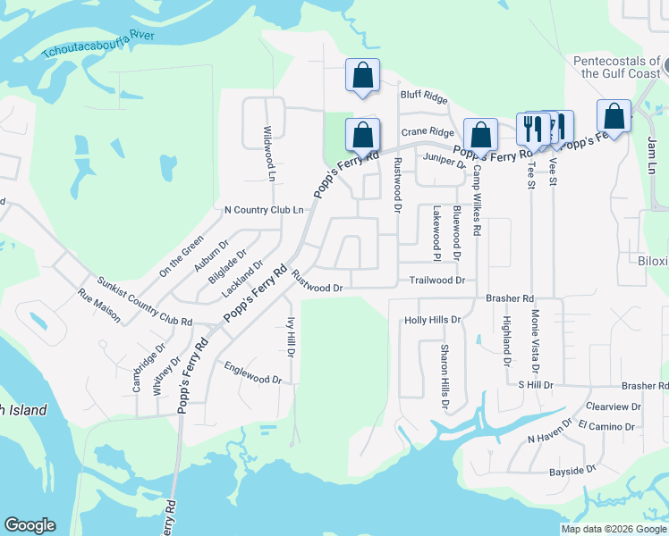 map of restaurants, bars, coffee shops, grocery stores, and more near 899 Carolee Circle in Biloxi