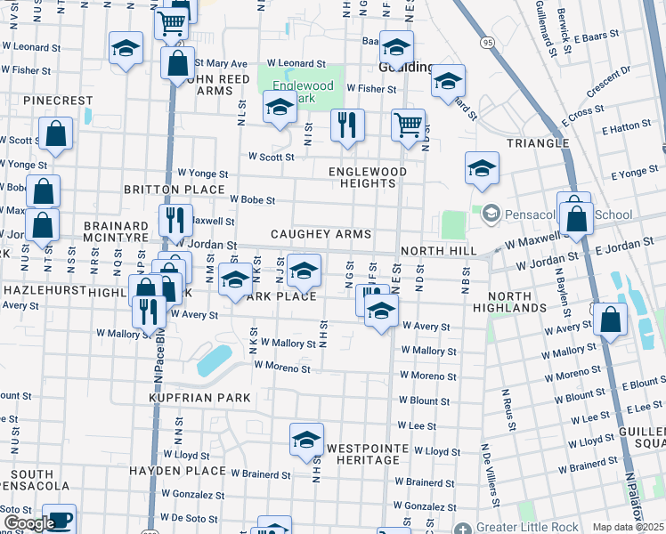 map of restaurants, bars, coffee shops, grocery stores, and more near 2002 North H Street in Pensacola