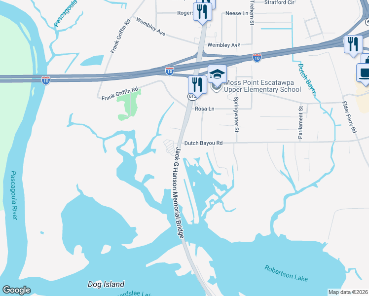 map of restaurants, bars, coffee shops, grocery stores, and more near 3901-3993 Dutch Bayou Road in Moss Point