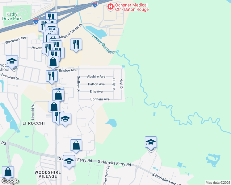 map of restaurants, bars, coffee shops, grocery stores, and more near 2236 Hoyt Drive in Baton Rouge