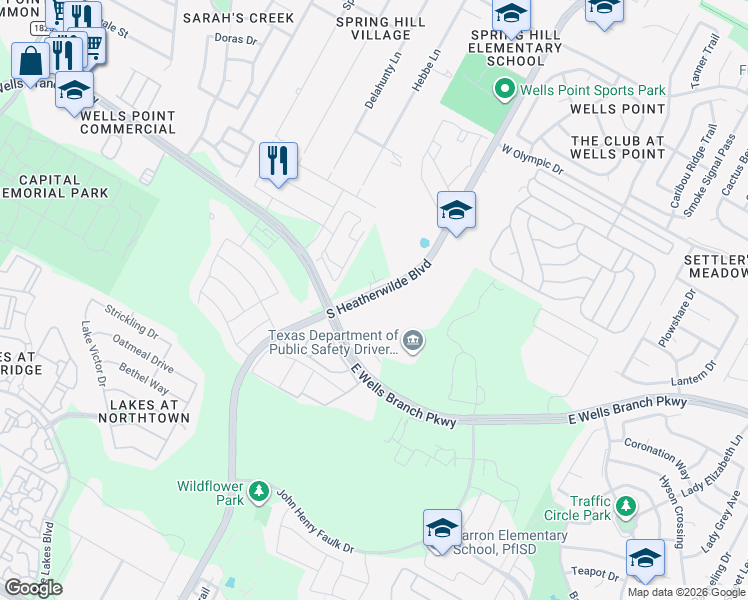 map of restaurants, bars, coffee shops, grocery stores, and more near 1500 South Heatherwilde Boulevard in Pflugerville