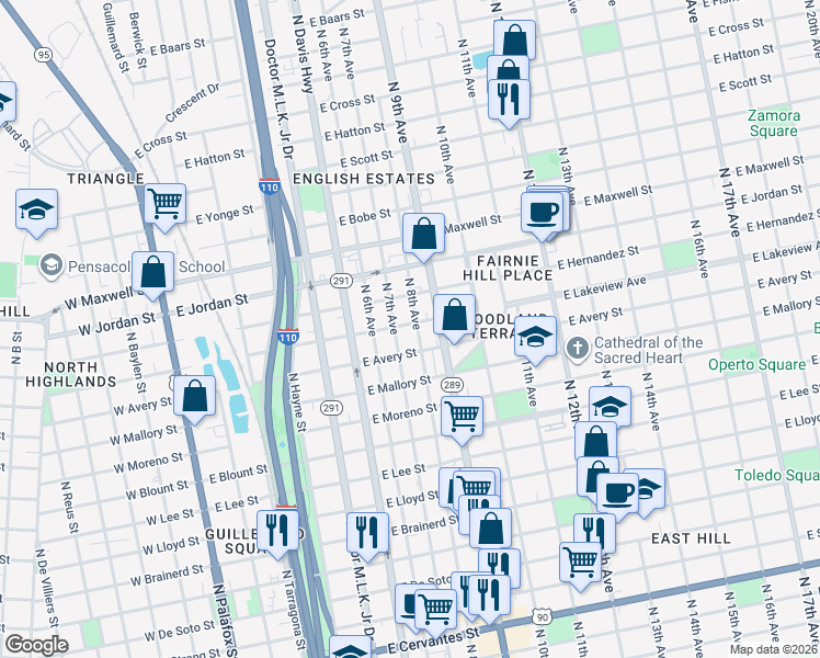 map of restaurants, bars, coffee shops, grocery stores, and more near 1900 North 8th Avenue in Pensacola