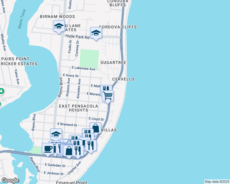 map of restaurants, bars, coffee shops, grocery stores, and more near 1200 Scenic Highway in Pensacola