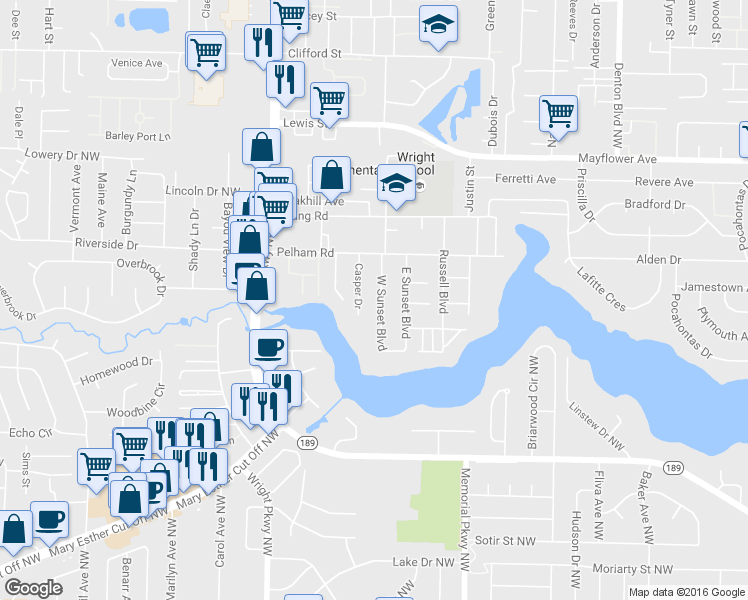 map of restaurants, bars, coffee shops, grocery stores, and more near 611 West Sunset Boulevard in Fort Walton Beach