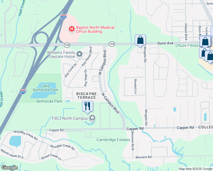 map of restaurants, bars, coffee shops, grocery stores, and more near 10921 Campus Heights Lane in Jacksonville