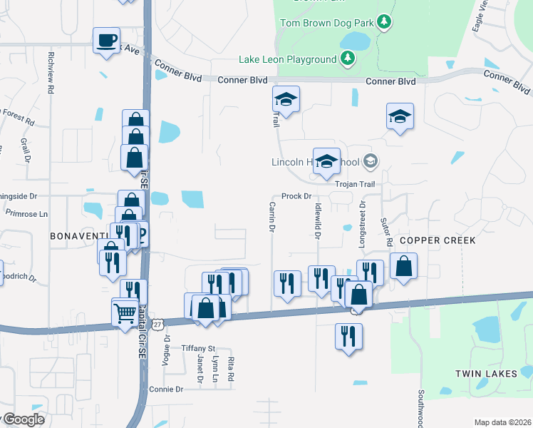 map of restaurants, bars, coffee shops, grocery stores, and more near 1014A Carrin Drive in Tallahassee
