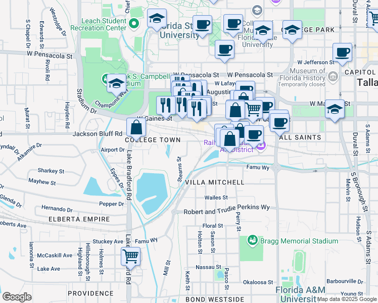map of restaurants, bars, coffee shops, grocery stores, and more near 825 Mosley Street in Tallahassee