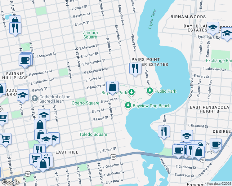 map of restaurants, bars, coffee shops, grocery stores, and more near 1904 East Moreno Street in Pensacola