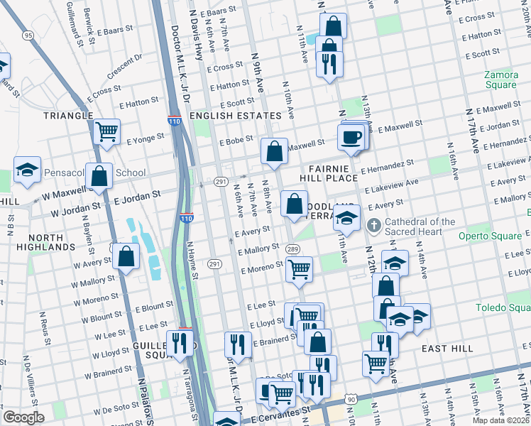 map of restaurants, bars, coffee shops, grocery stores, and more near 1900 North 8th Avenue in Pensacola