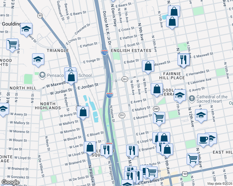 map of restaurants, bars, coffee shops, grocery stores, and more near 1919 Doctor Martin Luther King Junior Drive in Pensacola