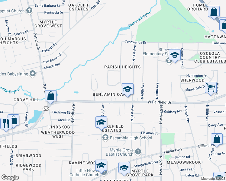map of restaurants, bars, coffee shops, grocery stores, and more near 1805 Sandra Drive in Pensacola