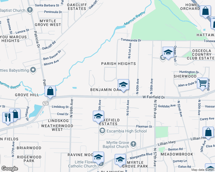 map of restaurants, bars, coffee shops, grocery stores, and more near 1805 Sandra Drive in Pensacola
