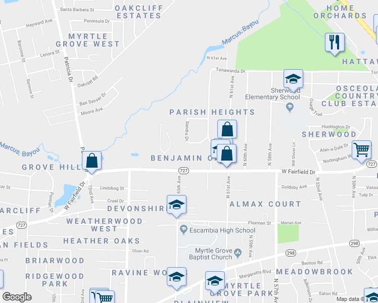 map of restaurants, bars, coffee shops, grocery stores, and more near 1805 Sandra Drive in Pensacola