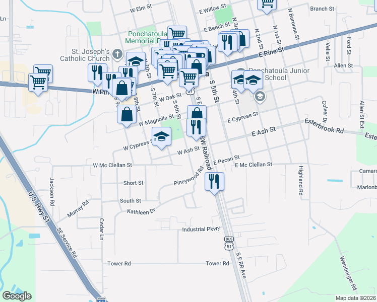 map of restaurants, bars, coffee shops, grocery stores, and more near 800 Southwest Railroad Avenue in Ponchatoula