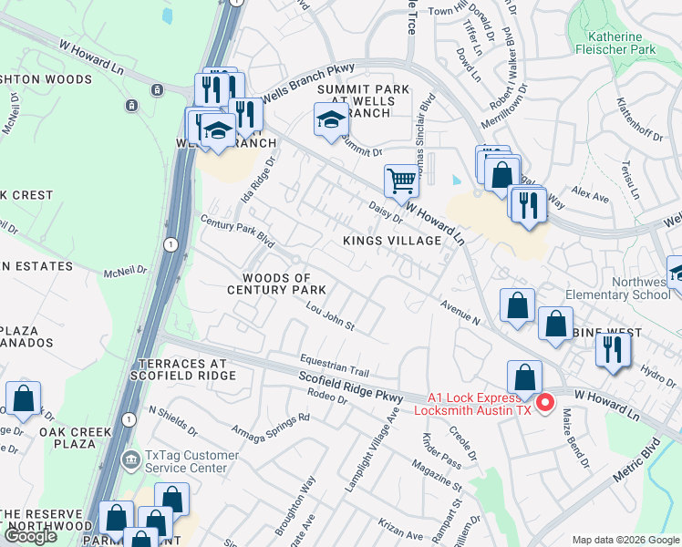 map of restaurants, bars, coffee shops, grocery stores, and more near 2608 Century Park Boulevard in Austin