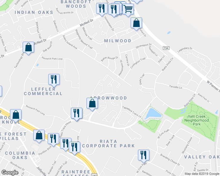 map of restaurants, bars, coffee shops, grocery stores, and more near 12370 Alameda Trace Circle in Austin