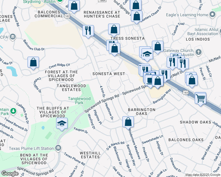 map of restaurants, bars, coffee shops, grocery stores, and more near 8585 Spicewood Springs Road in Austin