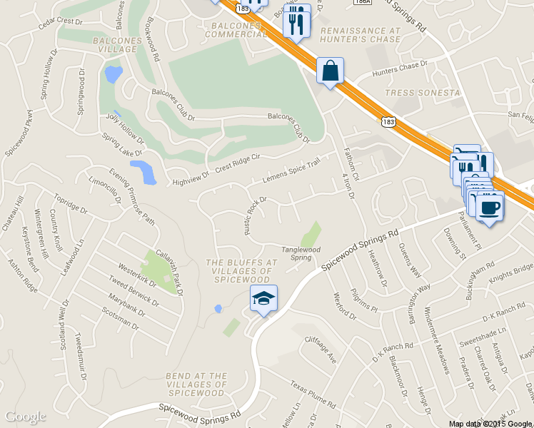 map of restaurants, bars, coffee shops, grocery stores, and more near 11503 Rustic Rock Drive in Austin