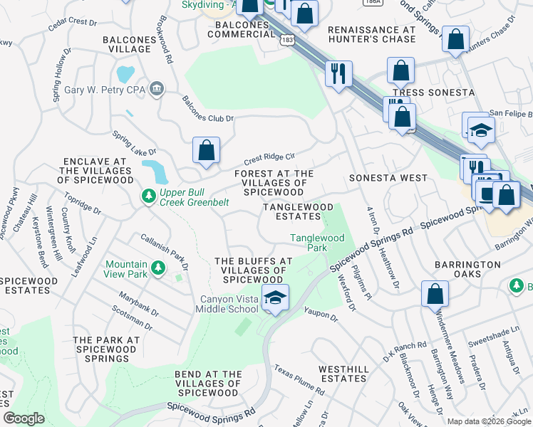 map of restaurants, bars, coffee shops, grocery stores, and more near 11503 Rustic Rock Drive in Austin