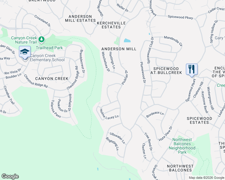 map of restaurants, bars, coffee shops, grocery stores, and more near 10509 Lockerbie Drive in Austin